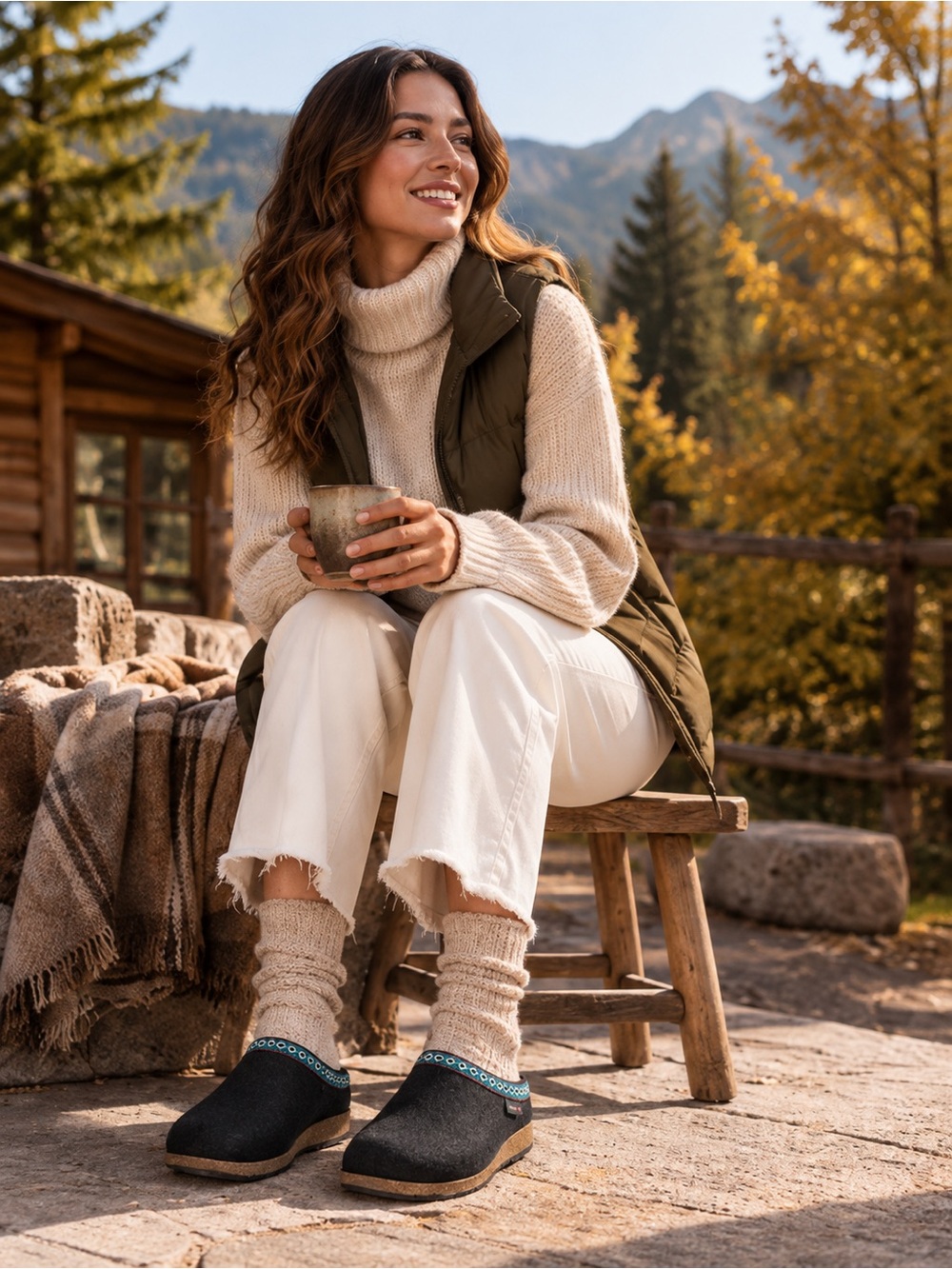 Haflinger Black Slippers with Teal and White Trim
